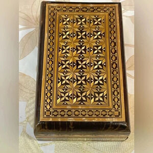 Vintage Hand Carved Wooden Trinket Box with Straw Ornament 4.5 X 3” Made In USSR